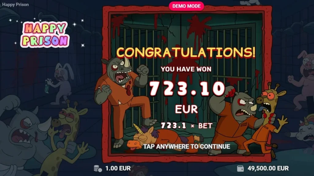 Tampilan visual slot Happy Prison dengan karakter kartun di balik jeruji besi