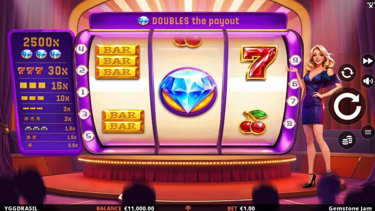 Tampilan visual slot Gemstone Jam dengan desain panggung TV yang mewah dan simbol berlian berkilau.
